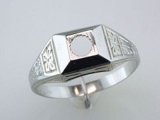   Antique Art Deco 20K White Gold Mens Semi Mount Hand Carved Ring