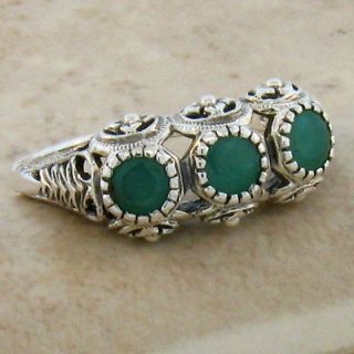 NATURAL EMERALD ANTIQUE VICTORIAN DESIGN .925 STERLING SILVER RING 