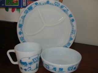   1st Bowl, Cup, Plate Train Motif White with Blue 791 9 Made in USA