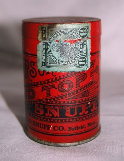 SNUFF CAN, ANTIQUE, PEARSONS RED TOP WITH REVENUE STAMP, CIRCA 1920 