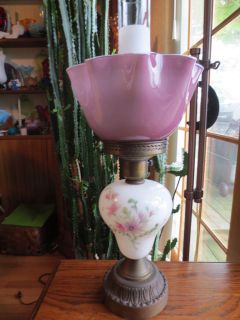 Vintage Victorian Table lamp Amethyst Overlay shade Hand painted 