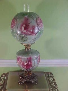   Success GWTW Polychrome Painted Embossed Glass Shade Oil Table Lamp