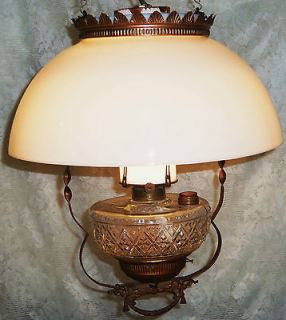 Antique Hanging Victorian B&H Kerosene Parlor Lamp Electric Opal Shade 