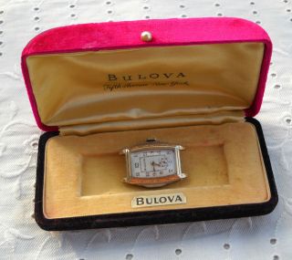 Vintage Antique Mens Bulova Gold Tone Wind Up Watch Wristwatch & Box 