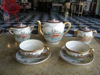   Antique Signed Japanese Meiji Period Kutani Porcelain 7 pc Tea Set