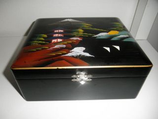 Vintage Japan Black Wood Hand Painted Jewelry Box
