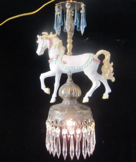 1of2 white Horse Carousel hanging Lamp Chandelier brass plated spelter 