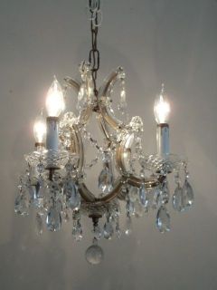 ANTIQUE SHABBY VTG CHIC FRENCH PETITE CRYSTAL CHANDELIER LAMP w 