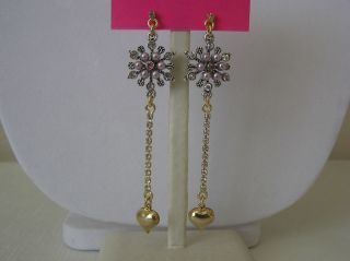 Betsey Johnson PEARL PAVE Bow Crystal Gold Post DANGLE Earrings SWEET