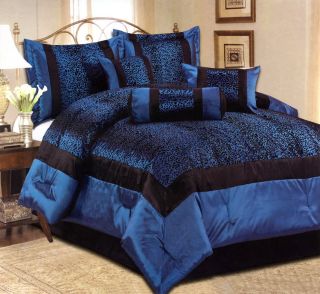 Pcs Flocking Leopard Satin Comforter Set Bed In A Bag King Size Blue 