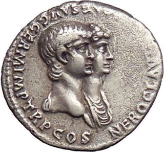 Nero & Agrippina Jr. Silver Denarius. 55 AD. Jugate busts of Son 