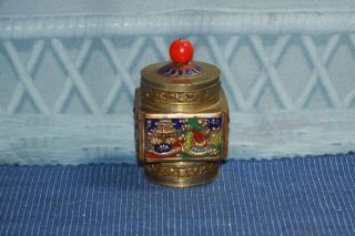 Vintage Oriental Brass & Enameled Tobacco Jar Tea Caddy Jar Red Coral 