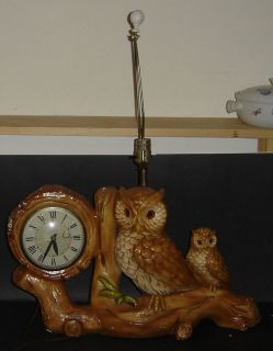 Owl Lamp and Clock Chalkware Lynne Art