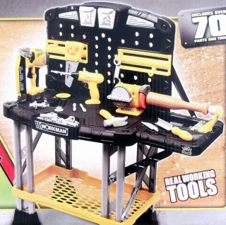 New Kids Heavy Duty Toy Tool Work Bench 70+ Parts & Tools Power Drill 