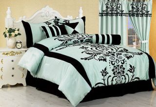 7pcs Aqua Blue Black Flocking Floral Comforter Set Bed in a Bag Queen