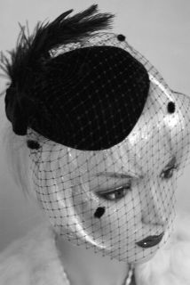 Vintage 1940s 50s Style BLACK VELVET Veil Dress HAT Ascot Wedding 