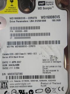 Western digital 160 GB WD1600BEVS 22RST0 DCM HACAJABB