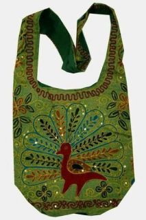 Green Cotton Peacock Embroidery Bohemian Hippy Sling Crossbody Bag