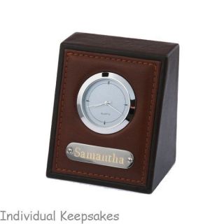 DESK or OFFICE CLOCK encased in stitched LEATHER with Personalised 