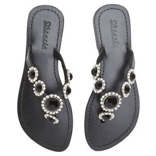   Designer Black Stone onyx sandals crystal dressy flat leather 6 7 8 9