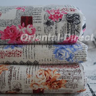 Retro Cotton Linen Blend Fabric   Rose Flower Newspaper News Print 