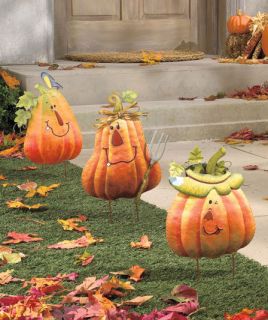   of 3 Pumpkin Yard Stakes Cute Fall Autumn Halloween Thanksgiving Decor
