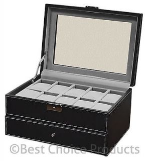   Large 20 Mens Black Leather Display Glass Top Jewelry Case Organizer