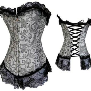   Sexy Silver lace up Victorian Boned Intimate Corset Bustier TOP S 2XL