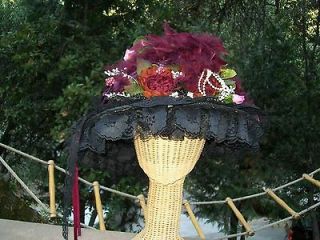 Black & Burgundy Victorian Hat Crafted Lace Netting Feathers Flowers 