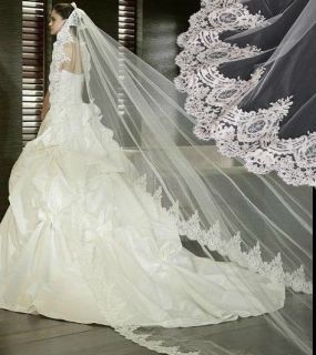 Vintage Embroider Lace Purfle White Ivory Bridal Wedding Veil 