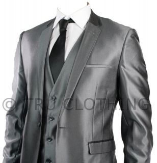 Mens Slim Fit Suit Shiny Silver Grey Black Trim 3 Piece Work Office or 