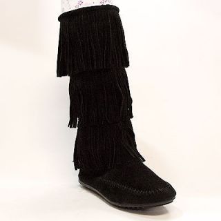 BLACK Womens Fringe Moccasin Round Toe Mid Calf Boots Size 5.5 to 10