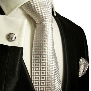 472CH/ Elegant Paul Malone Neck Tie Set + Silver + Silk