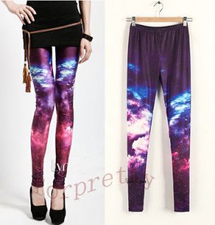 Womens Printed Galaxy Purple Polar Light Stretchy Legwear Leggings KA