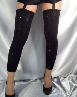 SEXY BLACK SHINY SEQUIN FOOTLESS STOCKINGS LEG WARMERS LACE EDGE M 