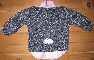 Hand Knit Baby Sweater 18 months Blue Tweed Front Pocket with Bunny 