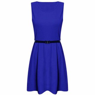 Ladies Sleeveless Tailored Party Dress Womens Belted Flared Pleated 