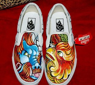   hand painted Mens sneakers VANS slip ons dragon oni phoenix Asian