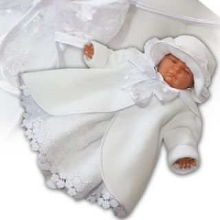Christening Dress Gown Outfit Baby Girl Dress & Cape & Hat/ White 