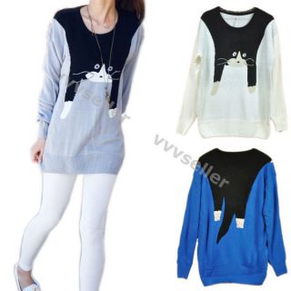 Womens Long Sleeve Round neck Cat pattern Knit Blouse Sweater 3 Colors 