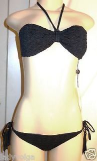   Swim Womens Black Textured Bandeau Bikini w Tassel szXS $184 NWT