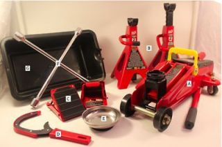 Set of One Floor Jack and Two Jack Stands with 6 pc Garage Accessories