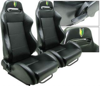 PAIR BLACK LEATHER RACING SEATS RECLINABLE w/ STITCHED LOGO ALL 