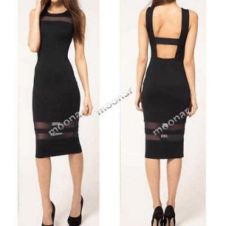 Black Sexy Solid Strips Mesh Sheer Backless Dress Bodycon Evening 