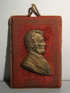 Old Abraham Lincoln Bust Plaque, Iron, Fabric Covered Wood Back