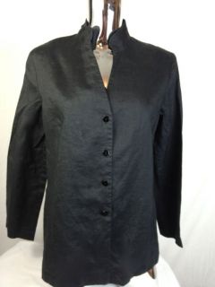 Adolfo Dominguez Sz 10 Blouse Shirt Black 100% Ramie Stand up Collar 3 