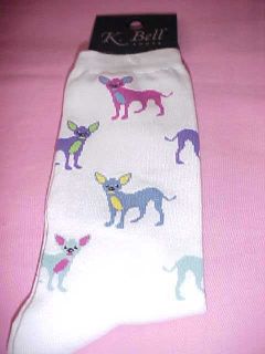 COLORFUL chihuahua dogs on white K. Bell socks NEW