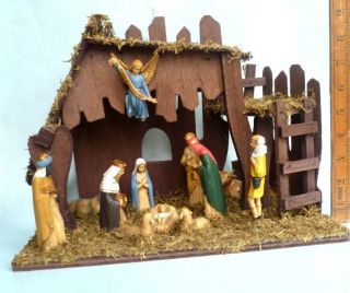 Super Vintage Boxed Christmas Nativity Scene Wooden Stable Italian 