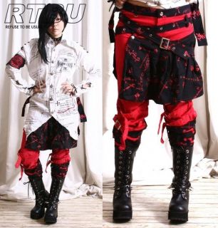   Gothic Punk Armor Red Pants Jean+Black Sheild Pleated Skirt Hip Wrap