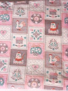 Old Vintage Antique Tablecloth Cotton Material Pink Rooster Heart 